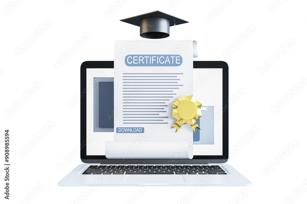 Poster certificate and graduation cap in front of a laptop screen, isolated on white background. concept of