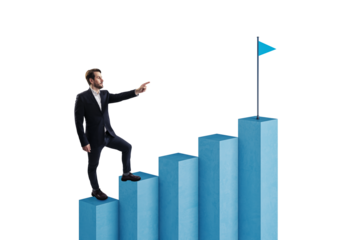 Businessman climbing blue bar chart steps, pointing at a flag. Isolated on white background. Represents career success and ambition