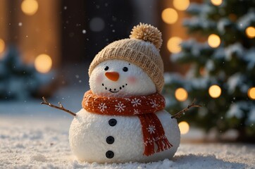 Winter holiday christmas background banner - Closeup of cute funny laughing snowman with wool hat and scarf, on snowy snow snowscape with bokeh lights