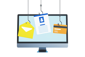 Computer screen with phishing hooks holding an email, ID card, and credit card. Isolated on a white background. Concept of cybercrime. 3D Rendering