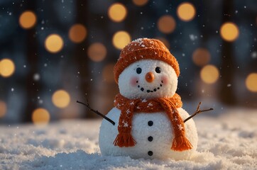 Closeup of cute funny laughing snowman with wool hat and scarf, on snowy snow snowscape with bokeh lights and blurred house background