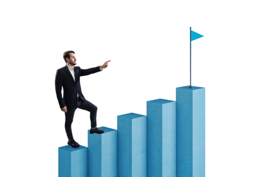 Businessman climbing blue bar chart steps, pointing at a flag. Isolated on white background. Represents career success and ambition
