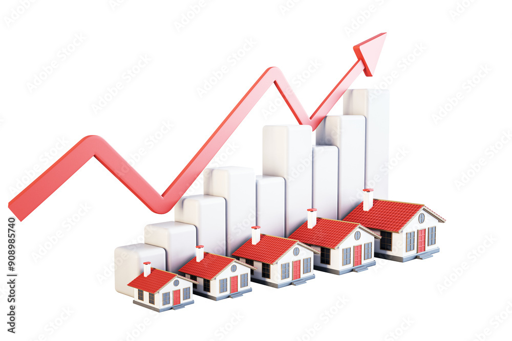 Poster image showing a red upward arrow, white bar graph, and small houses with red roofs. isolated on a wh