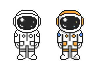 Pixel art astronaut. Cute cosmonaut in retro style. Vector illustration