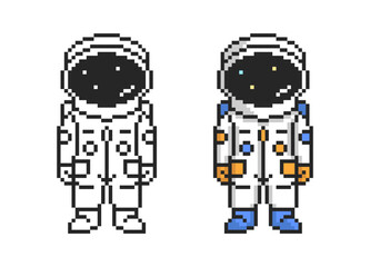 Pixel art cosmonaut. Cute astronaut in retro style. Vector illustration