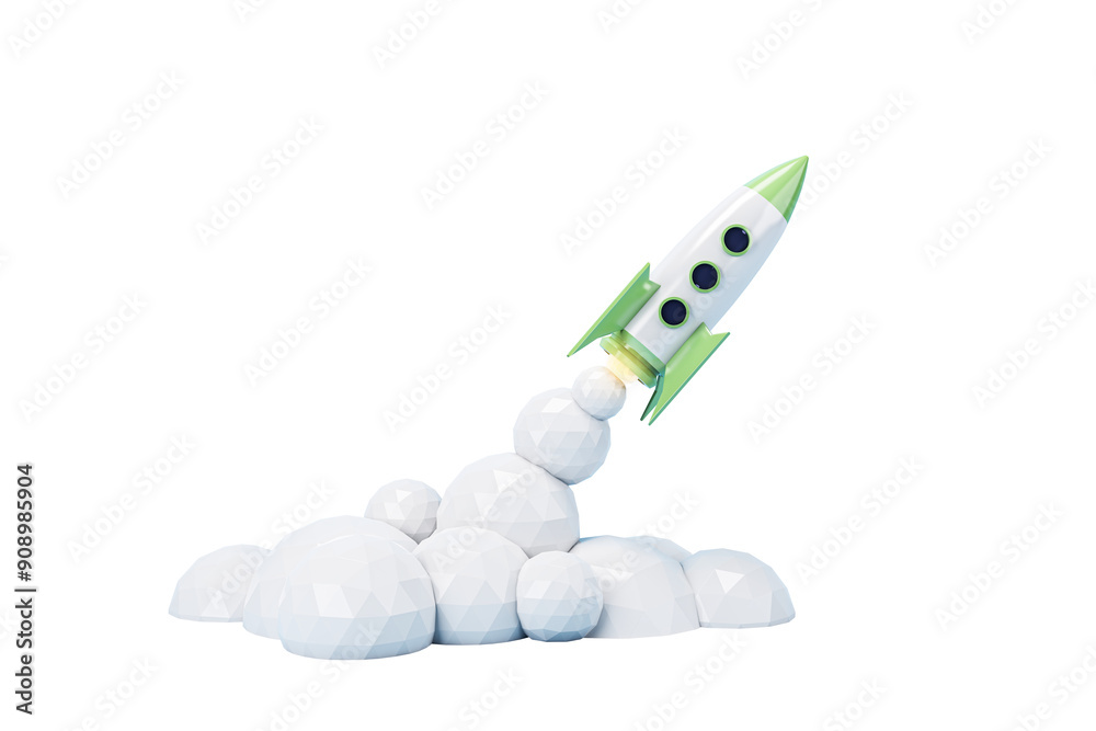 Poster a 3d rendering of a green and white rocket launching, with geometric clouds beneath it on a white ba