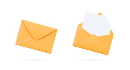 3D Yellow envelopes icon set. Open and close letters. Subscribe to newsletter. Email message. Send post card. Envelope with document. Mail notification. Cartoon design icons. 3D Vector illustration