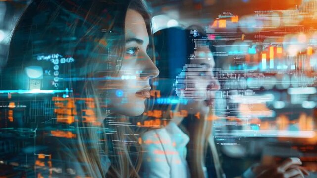 Two women are looking at a computer screen with a lot of code on it. Scene is focused and intense, as the women are likely working on a complex project