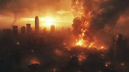 Fototapeta premium A city destroyed with giant explosion
