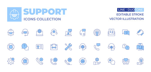 Support icons collection. Line Duotone style, editable stroke. tech support, settings, support, medical support, call, help, check, online support, maintenance, support ticket