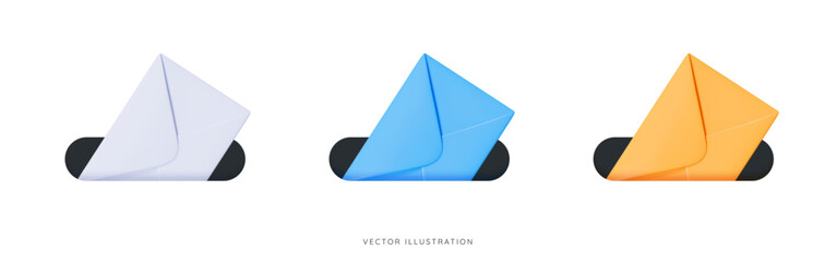 3D Send letter in envelope by mail. Mailbox with new message. Subscribe to newsletter. Email contact. Colored envelopes. Delivery of messages. Cartoon design icons. 3D Vector Illustration