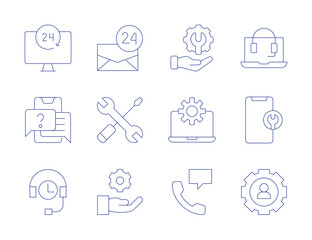Support icons. Thin Line style, editable stroke. technical support, tech support, support, hours support, hours, service, mail, laptop, gear