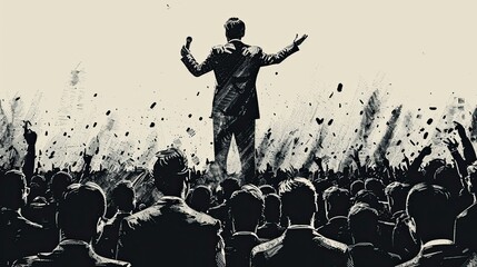Heroic depiction of a famous historical figure making a powerful speech to a gathered crowd, inspiring change and action