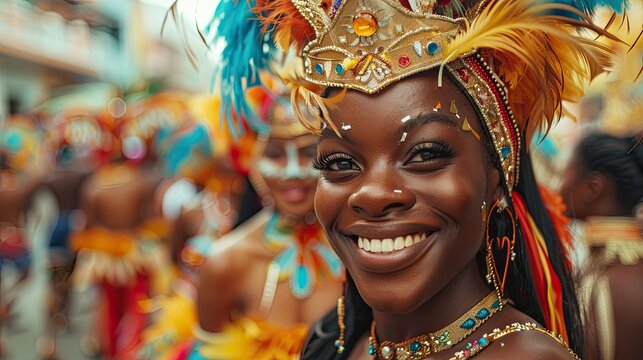 Vibrant scene of a historic carnival, with colorful costumes, parades, and lively street performances