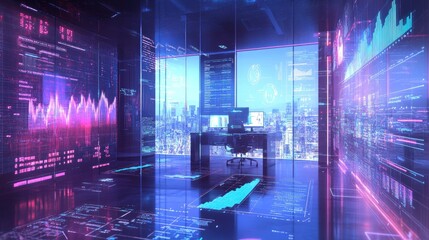 Obraz premium AI-created image of a future business office, highlighting profit growth charts and cutting-edge tech
