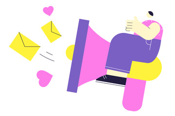 Man sitting on a speaker with letters and likes 