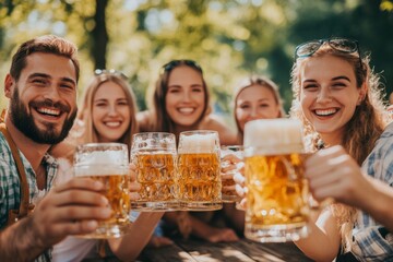 Oktoberfest celebration - family in traditional Bavarian attire, including lederhosen and dirndls, smiling and toasting with beer mugs at festival, German tradition and tourism destination