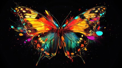 Bright, energetic butterfly illustration on a black background, showcasing dynamic abstract beauty