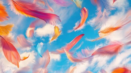 Colorful bird feathers swirling in the sky, abstract art with dynamic clouds