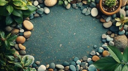 Green Leaves and Stones Forming a Circular Frame on a Teal Surface