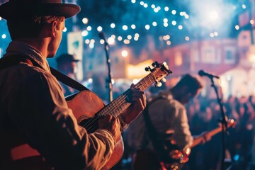 Obraz premium live music at Oktoberfest festival - band playing traditional Bavarian melodies at Oktoberfest, with the audience in the background, minimal style with copy space, lights bokeh
