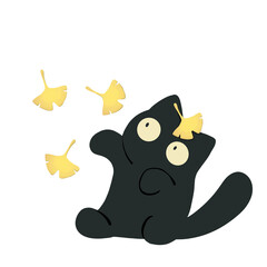 落ちてくるイチョウで遊ぶ黒猫