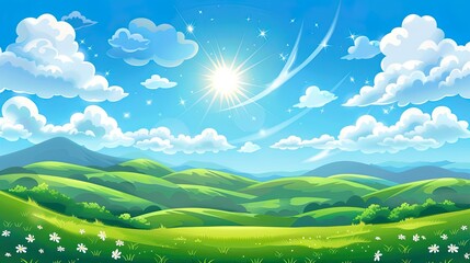 Obraz premium Illustration of Clean air with blue sky and fluffy white clouds