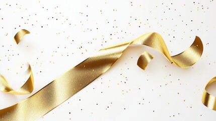 A curly gold ribbon for Christmas and birthday present banner isolated against a white background. beautiful holiday banner