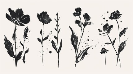 A series of black and white floral illustrations in an expressive ink style. Each illustration captures the essence of delicate flowers with artistic flair and simplicity.