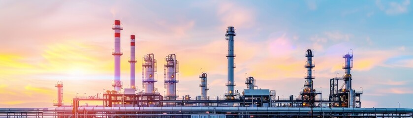 Obraz premium industrial refinery silhouette at sunset - oil and gas industry production plant with smoke stacks and pipes