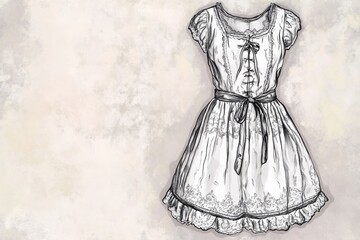 traditional Bavarian dirndl dress for Oktoberfest festival, including details like lace and ribbons, placed on a neutral background, sketch with copy space