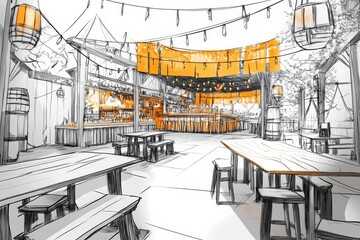 modern Oktoberfest festival biergarten autumn setting with contemporary design elements, including stylish banners and decorations, set against a plain background sketch, minimal style with copy space