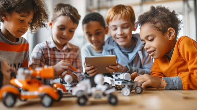 A group of children happily showcasing their robot models, representing their ingenuity and cooperative spirit in a school program dedicated to hands-on STEM education.