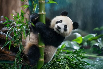 Obraz premium The image shows a giant panda in its natural habitat. The panda is clinging to a large bamboo stalk, surrounded by lush green vegetation. It appears to be raining, with water droplets visible.