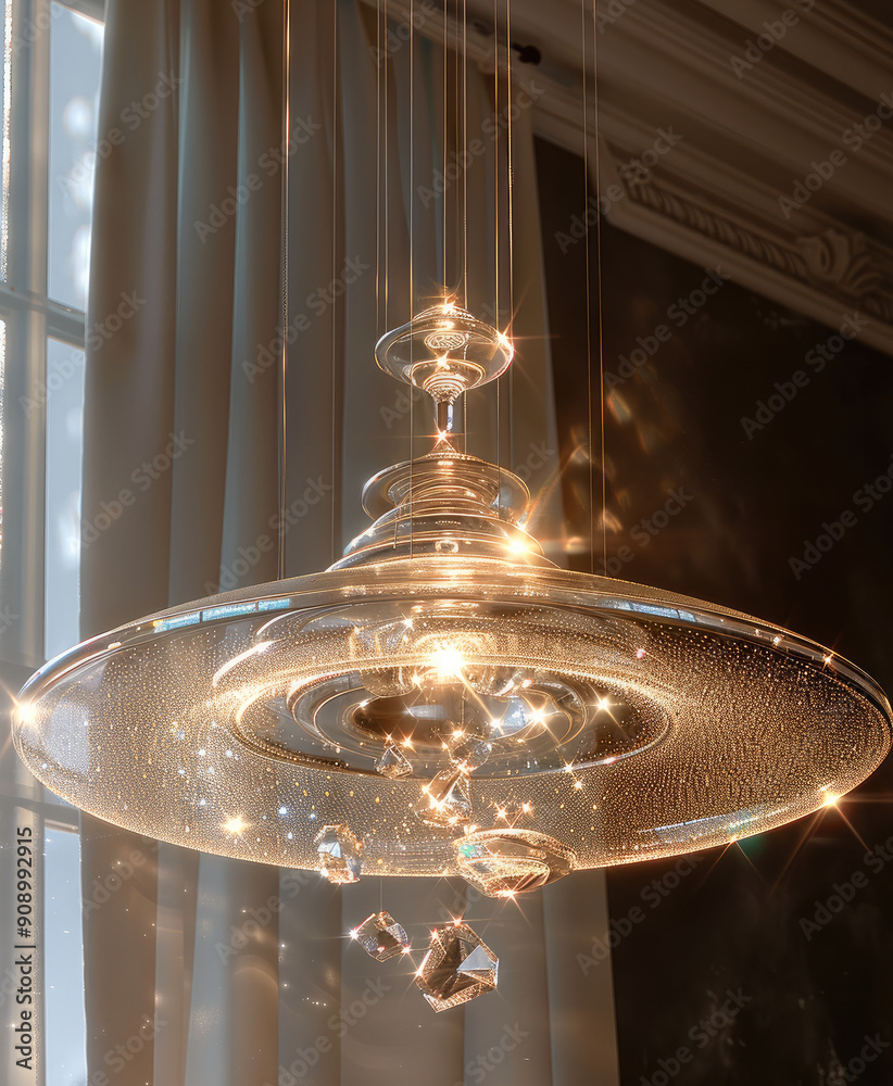 Poster A ufo hanging lamp made from crystals like clear quartz and diamonds. There are spirals of crystals hanging from the lamp, creating a mesmerizing visual effect combined with the glowing ufo lamp.