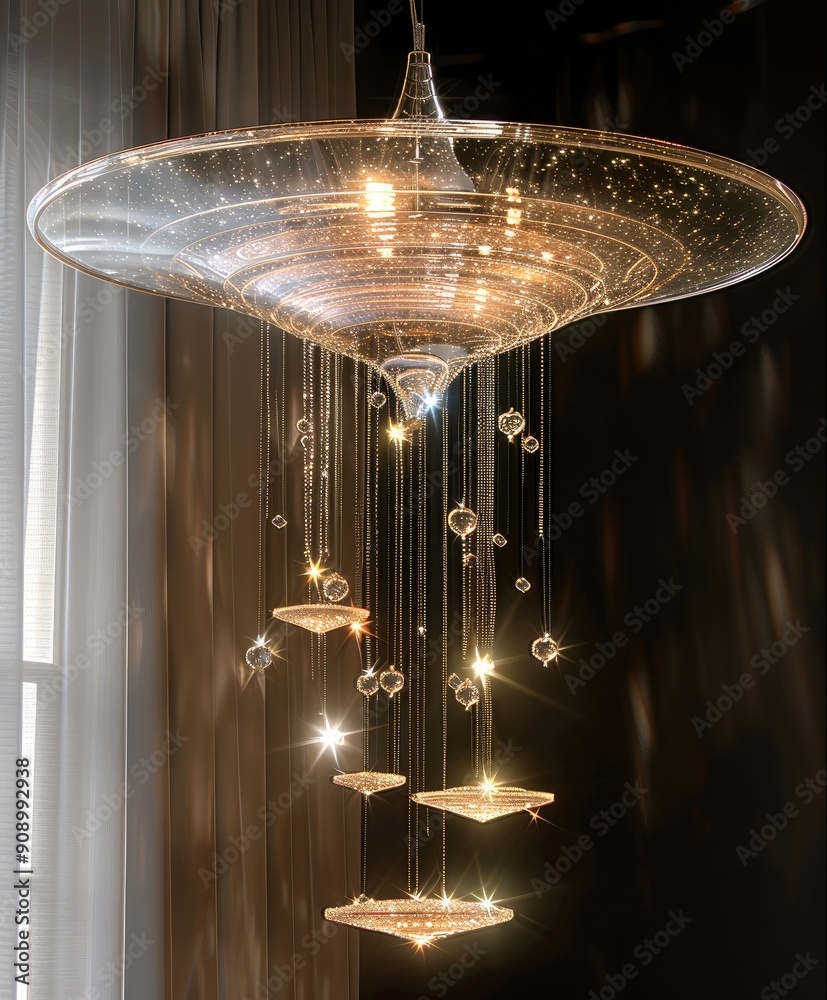 Poster A ufo hanging lamp made from crystals like clear quartz and diamonds. There are spirals of crystals hanging from the lamp, creating a mesmerizing visual effect combined with the glowing ufo lamp.