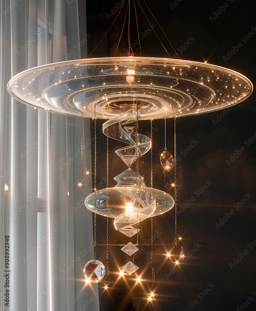 Poster A ufo hanging lamp made from crystals like clear quartz and diamonds. There are spirals of crystals hanging from the lamp, creating a mesmerizing visual effect combined with the glowing ufo lamp.