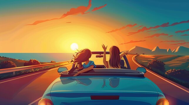 Two friends are seen enjoying a sunset drive in a open-top convertible car, creating a joyful and adventurous atmosphere filled with vibrant colors and scenic beauty.