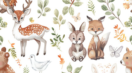 Fototapeta premium Cute watercolor woodland animals, green leaves, brown and white, perfect for nursery decor, bringing joy and innocence to your design. 
