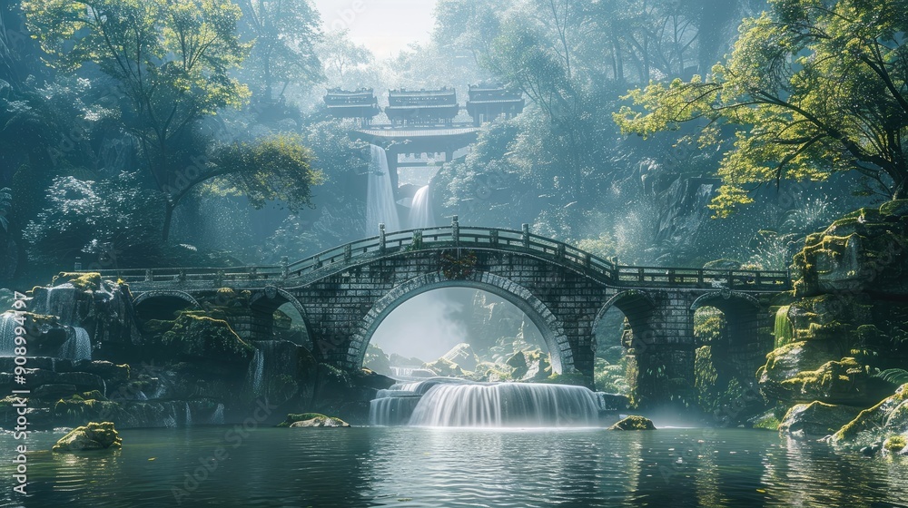 Poster modern long stone bridge for car, chinese style decorated stone bridge, bridge crossing a large stre