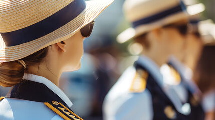A woman in a straw hat, blue and white uniform, and sunglasses, with a blurred background of another woman in a similar uniform, evokes a sense of authority, professionalism, and summery warmth. 