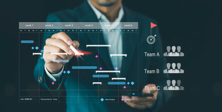 Project management scheduling concept, Presentation areas of knowledge, cost, time, scope, human resources, risks, quality, planning with tasks milestones to monitor progress updat and deliverables
