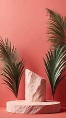 3D rock pedestal podium on tropical pastel red background. Exotic natural palm leaf shadow