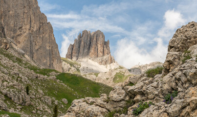 View on impressive dolomites, amazing rocky mountain peaks in the italian dolomites. Alpine view during summer. Wonderful hiking destination. alpine trails, active holiday destination. Active outdoor