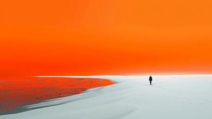 Minimalist White Sand Beach Landscape: Gradual Orange to Red Skyline, Embodying Serenity and Endless Horizons, Graphic Resources, Wallpapers, Brochure, Websites, banner, Advertising, background