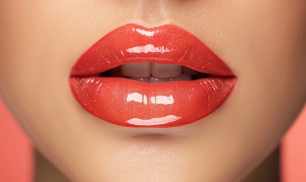 close-up of glossy coral lips with soft pink background for beauty, cosmetics, and fashion marketing