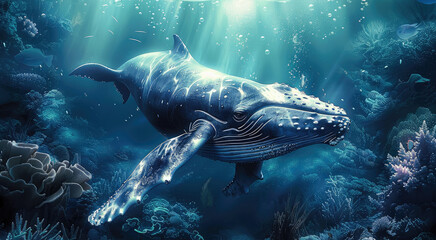 Naklejka premium A whale gracefully gliding through the water, its scales shimmering like starlight. The surrounding coral also emits a faint glow, illuminating the entire seabed. Generative AI.