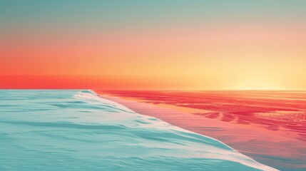 Minimalist White Sand Beach Landscape: Gradual Orange to Red Skyline, Embodying Serenity and Endless Horizons, Graphic Resources, Wallpapers, Brochure, Websites, banner, Advertising, background