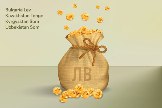 Lev, Tenge or Som Gold Coins Falling in Sack of Bag. Realistic 3D gold coins. Vector Illustration Concept for Savings, Casino, Fortune, Profit etc.