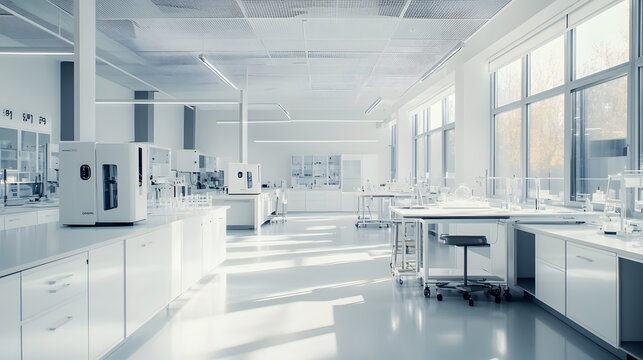 photo of a modern white laboratory interior with lab equipment and working tables